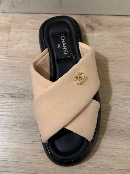 Chanel CC Logo Crossover Slide Sandals Beige/Black Size 37 w/ Box & Dust Bag - Picture 4 of 5